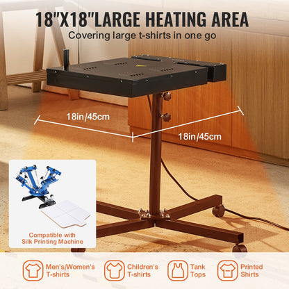 Flash-tork, 18 x 18 tums flash-tork för screentryck, 0-750℉ temperaturkontroll, högpresterande silkscreen-tork med höjdjusterbart stativ, 360° rotation, T-shirt-härdningsmaskin