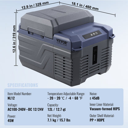 Car Refrigerator, 12 Volt Car Refrigerator Fridge, 12 L Single Zone Portable Freezer, -4℉-68℉ Adjustable Range, 12/24V DC and 100-240V AC Compressor Cooler for Outdoor, Camping, RV