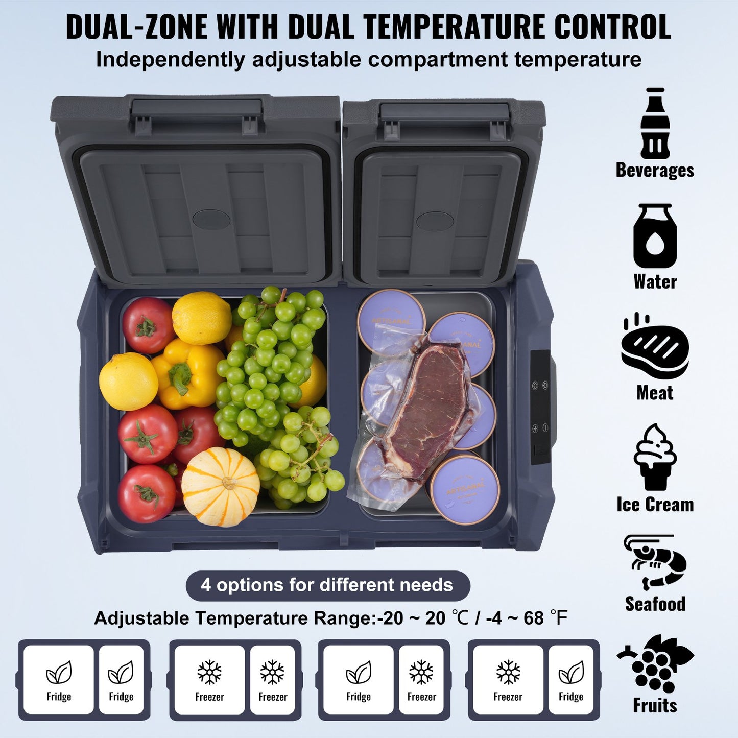 Car Refrigerator, 12 Volt Car Refrigerator Fridge, 32 L Dual Zone Portable Freezer, -4℉-68℉ Adjustable Range, 12/24V DC and 100-240V AC Compressor Cooler for Outdoor, Camping, RV