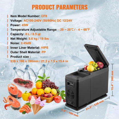 Car Refrigerator, 12 Volt Car Armrest Refrigerator Fridge, 8 L Single Zone Portable Freezer, -4℉-68℉ Adjustable Range, 12/24V DC and 100-240V AC Compressor Cooler for Outdoor, Camping