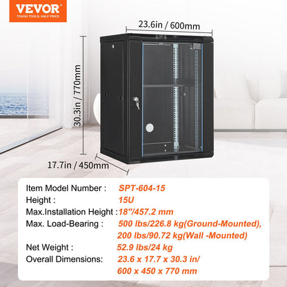 15U Wall Mount Network Server Rack Cabinet Enclosure 45.7cm Depth Glass Door Lock