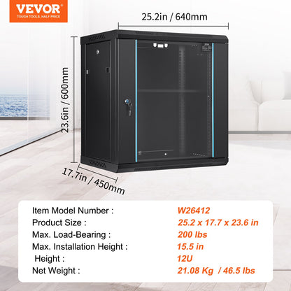 12U Wall Mount Network Server Cabinet, 39.4cm/15.5" Deep, Server Rack Cabinet Enclosure, 90 kg/200 lbs Max. Ground-mounted Load Capacity, with Locking Glass Door Side Panels, for IT Equipment, A/V Devices