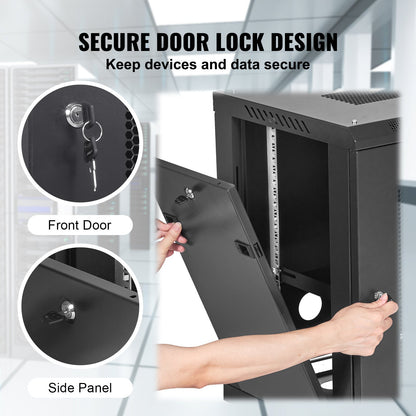12U Wall Mount Network Server Cabinet, 39.4cm/15.5" Deep, Server Rack Cabinet Enclosure, 90kg/200 lbs Max. Ground-mounted Load Capacity, with Locking Door Side Panels, for IT Equipment, A/V Devices