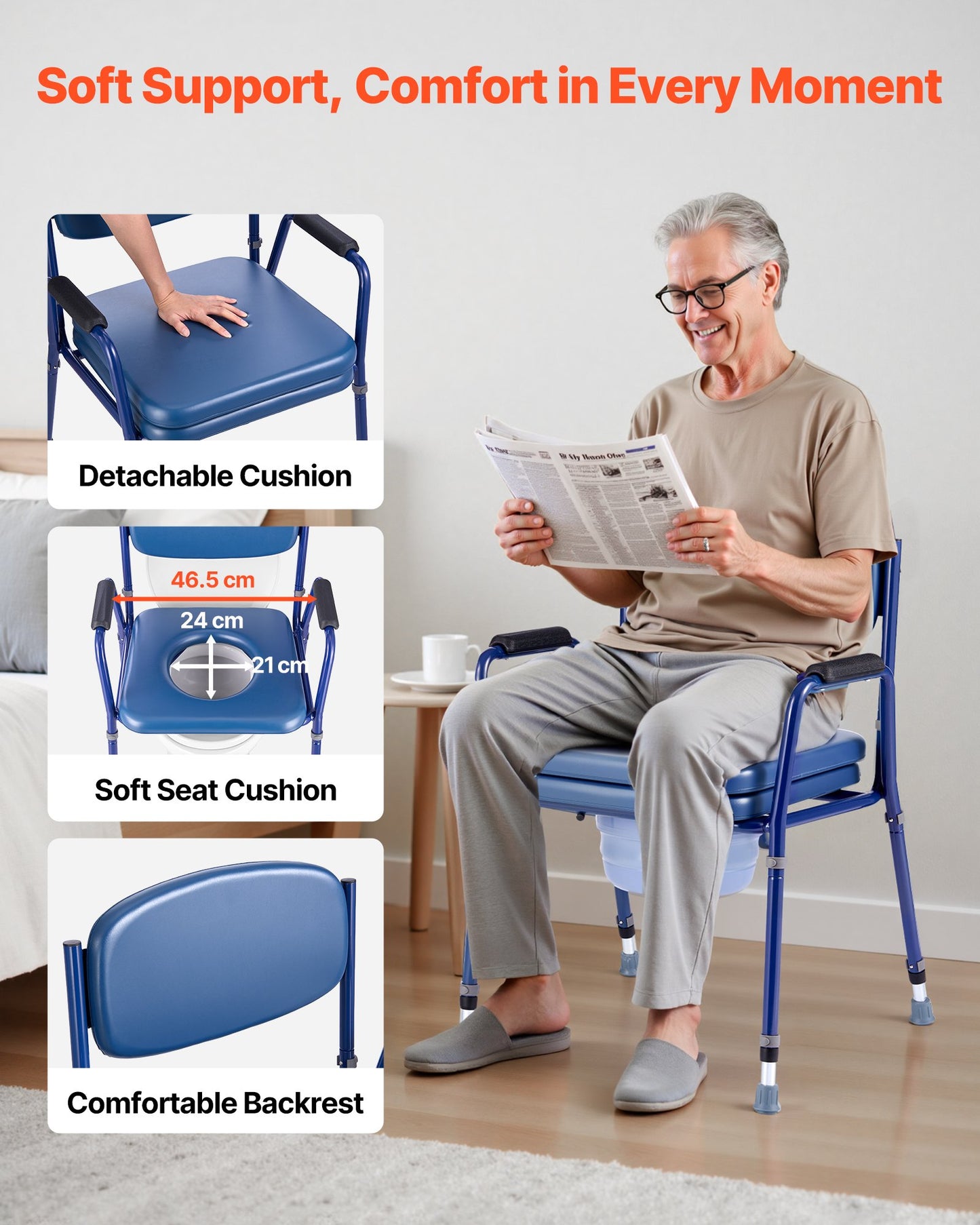 Bedside Commode Chair, 181 kg Weight Capacity, 3-in-1 Portable Toilet and Raised Toilet Seat with Padded Seat and Backrest, Detachable 5L Bucket, Adjustable Height Adult Potty Chair for Seniors