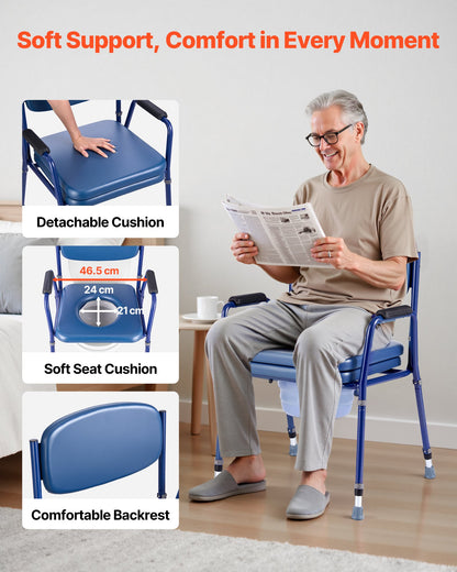 Bedside Commode Chair, 181 kg Weight Capacity, 3-in-1 Portable Toilet and Raised Toilet Seat with Padded Seat and Backrest, Detachable 5L Bucket, Adjustable Height Adult Potty Chair for Seniors