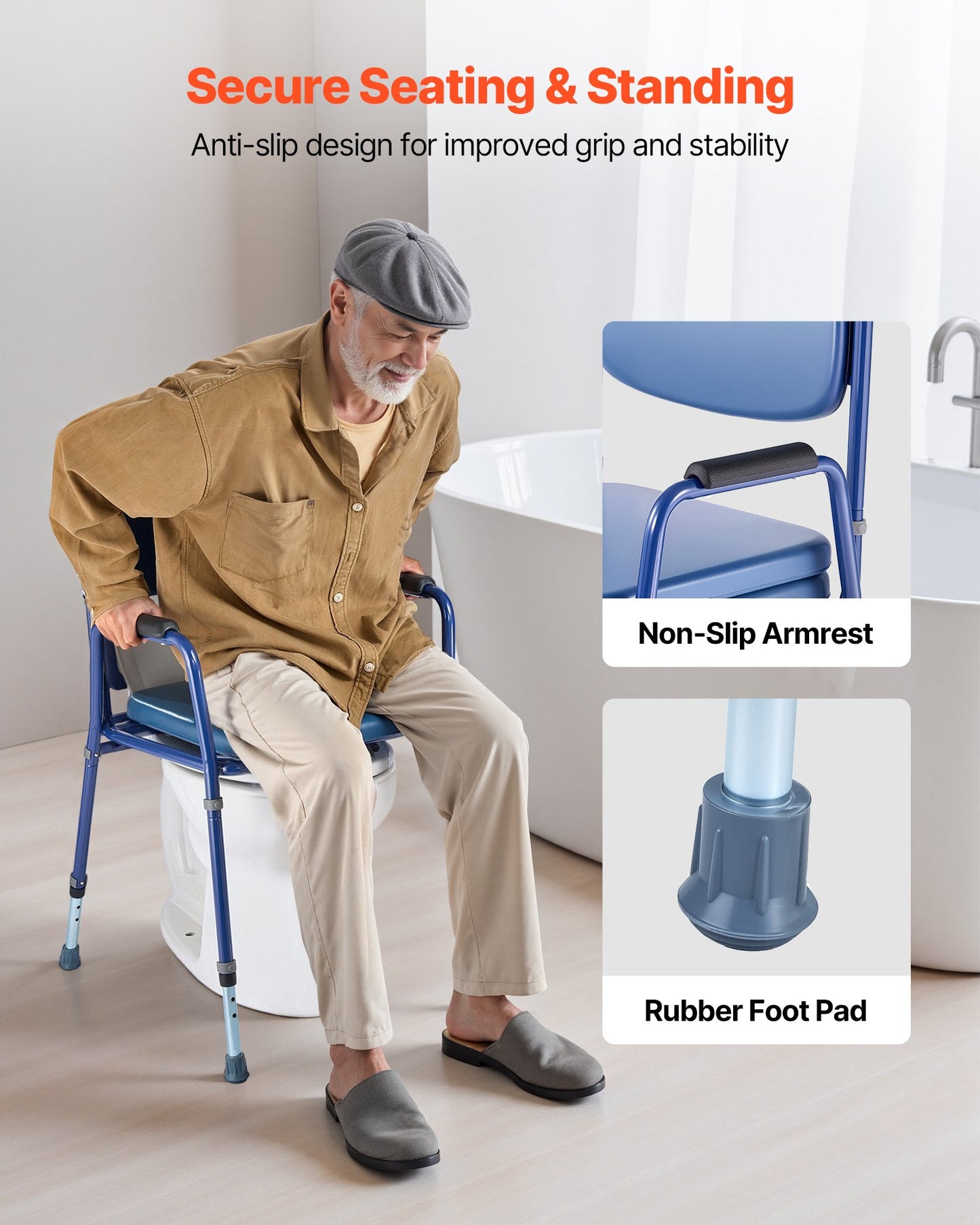 Bedside Commode Chair, 181 kg Weight Capacity, 3-in-1 Portable Toilet and Raised Toilet Seat with Padded Seat and Backrest, Detachable 5L Bucket, Adjustable Height Adult Potty Chair for Seniors