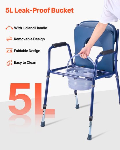Bedside Commode Chair, 181 kg Weight Capacity, 3-in-1 Portable Toilet and Raised Toilet Seat with Padded Seat and Backrest, Detachable 5L Bucket, Adjustable Height Adult Potty Chair for Seniors