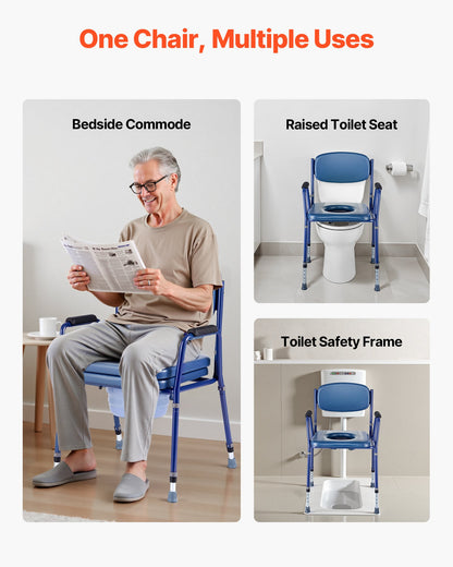 Bedside Commode Chair, 181 kg Weight Capacity, 3-in-1 Portable Toilet and Raised Toilet Seat with Padded Seat and Backrest, Detachable 5L Bucket, Adjustable Height Adult Potty Chair for Seniors