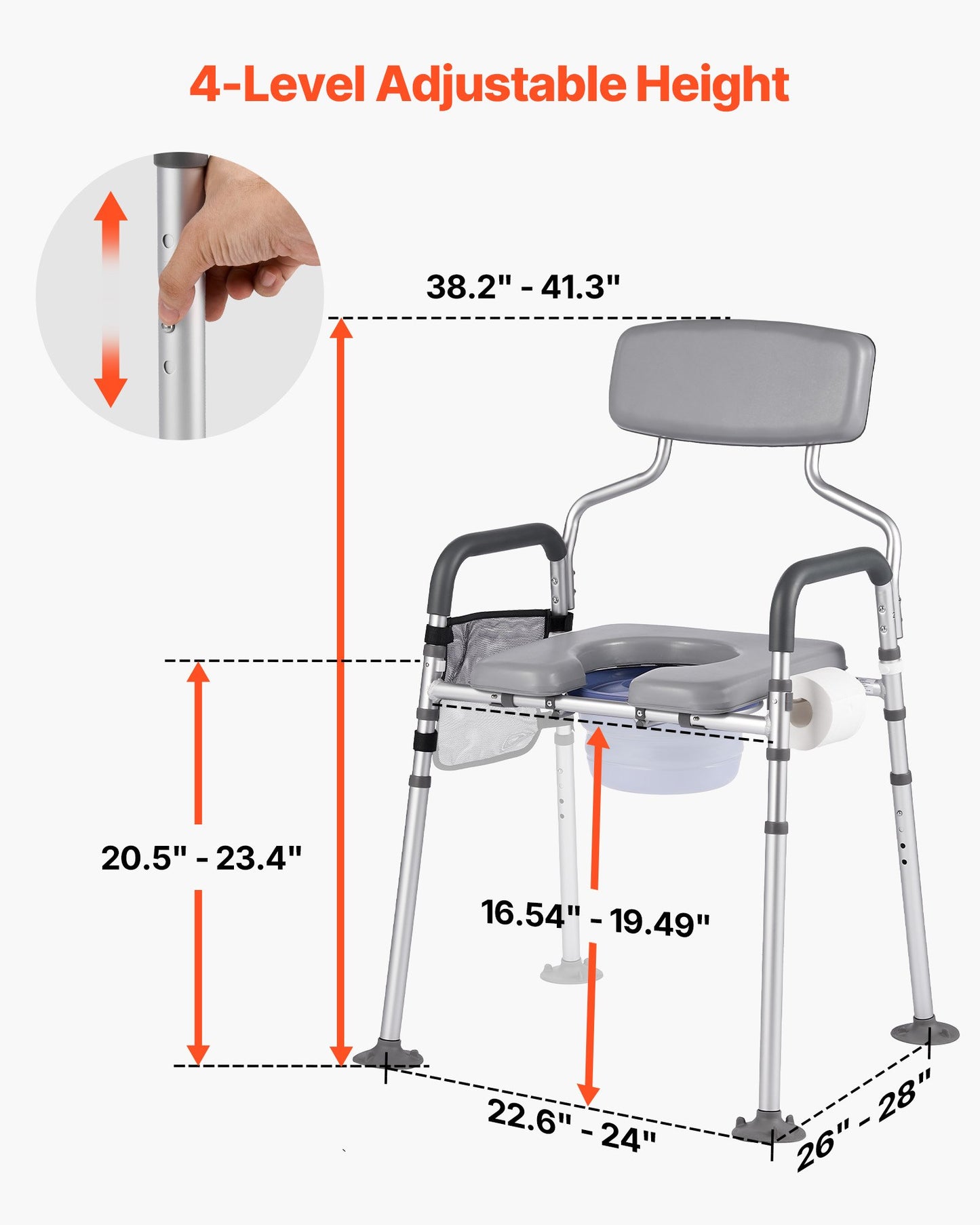 Bedside Commode Chair, 227 kg Capacity, 4-in-1 Portable Toilet and Raised Toilet Seat with Padded Seat & Backrest, Detachable 5L Bucket, Adjustable Height & Width Adult Potty Chair for Seniors