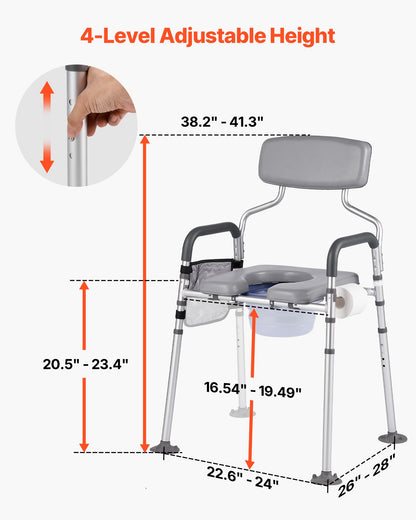 Bedside Commode Chair, 227 kg Capacity, 4-in-1 Portable Toilet and Raised Toilet Seat with Padded Seat & Backrest, Detachable 5L Bucket, Adjustable Height & Width Adult Potty Chair for Seniors
