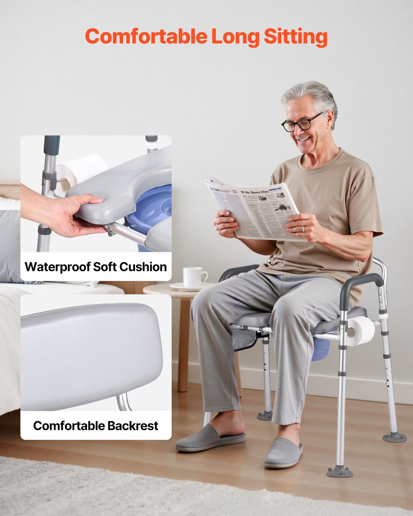Bedside Commode Chair, 227 kg Capacity, 4-in-1 Portable Toilet and Raised Toilet Seat with Padded Seat & Backrest, Detachable 5L Bucket, Adjustable Height & Width Adult Potty Chair for Seniors