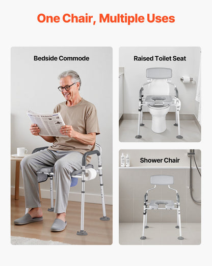 Bedside Commode Chair, 227 kg Capacity, 4-in-1 Portable Toilet and Raised Toilet Seat with Padded Seat & Backrest, Detachable 5L Bucket, Adjustable Height & Width Adult Potty Chair for Seniors