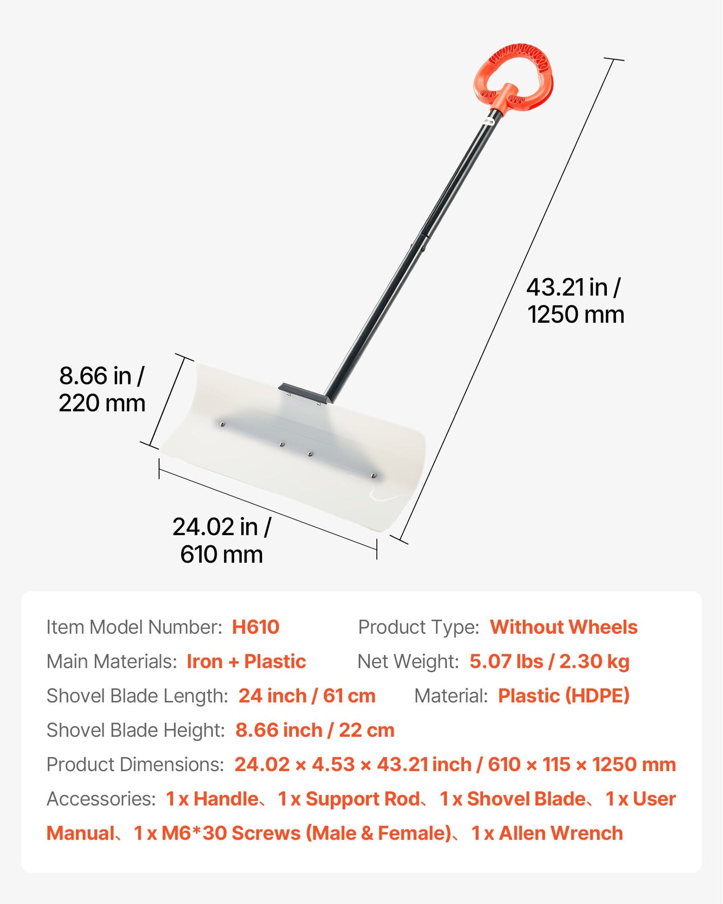 Snöskottare, 61 cm bred snöplogsskyffel för utomhusbruk med ergonomiskt grepp, HDPE-plastblad, vinterskyfflar med segmenterat handtag, bärbart snöröjningsverktyg för uppfart, trädgård, camping