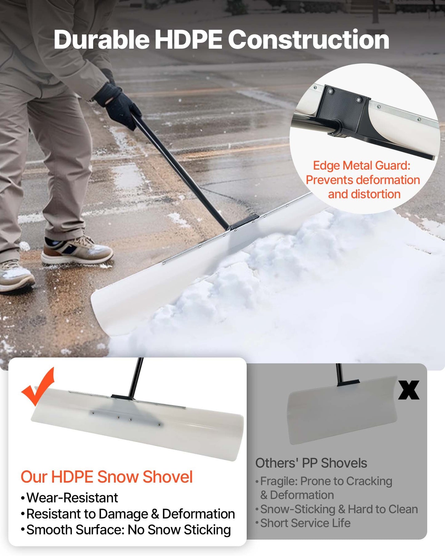 Snow Pusher Shovel, 122cm Outdoor Snowplow Shovel with Ergonomic Grip, HDPE Plastic Blade, Winter Shovels with Segmented Handle, Metal Edged Strip, Portable Snow Removal Tool for Driveway Garden