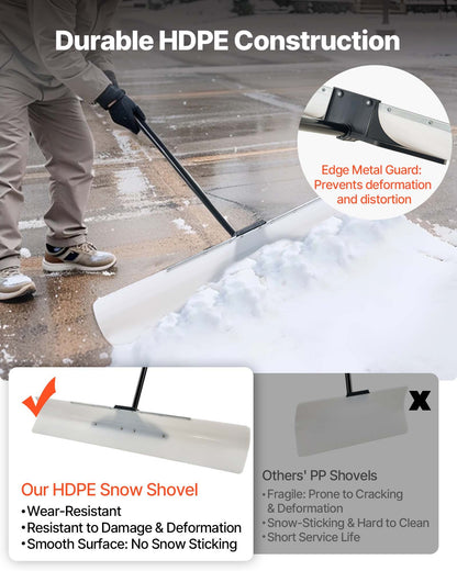Snow Pusher Shovel, 122cm Outdoor Snowplow Shovel with Ergonomic Grip, HDPE Plastic Blade, Winter Shovels with Segmented Handle, Metal Edged Strip, Portable Snow Removal Tool for Driveway Garden