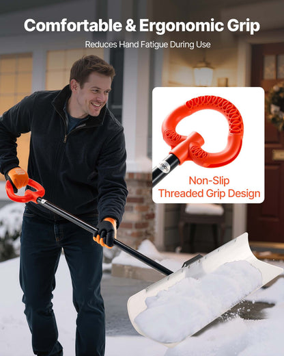 Snow Pusher Shovel, 122cm Outdoor Snowplow Shovel with Ergonomic Grip, HDPE Plastic Blade, Winter Shovels with Segmented Handle, Metal Edged Strip, Portable Snow Removal Tool for Driveway Garden