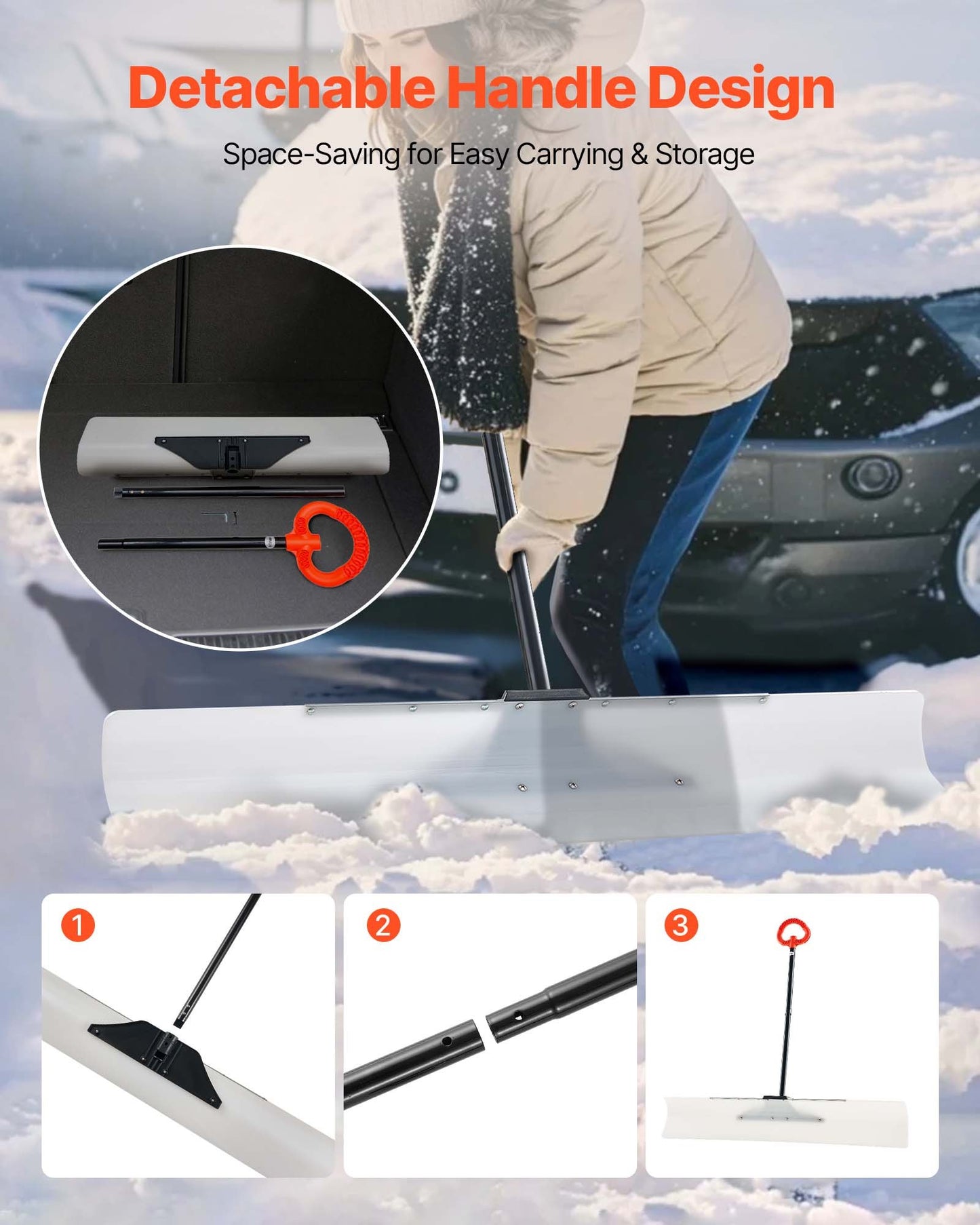 Snow Pusher Shovel, 122cm Outdoor Snowplow Shovel with Ergonomic Grip, HDPE Plastic Blade, Winter Shovels with Segmented Handle, Metal Edged Strip, Portable Snow Removal Tool for Driveway Garden