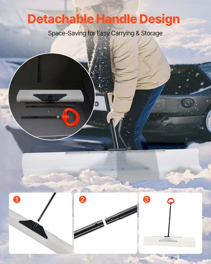 Snow Pusher Shovel, 122cm Outdoor Snowplow Shovel with Ergonomic Grip, HDPE Plastic Blade, Winter Shovels with Segmented Handle, Metal Edged Strip, Portable Snow Removal Tool for Driveway Garden