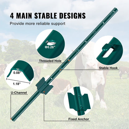 1,2 meter staketstolpe, 10-pack U-kanaliga kraftiga metallstaketstolpar, robusta stålstaketpinnar för trädgård, gräsmatta, gårdar och utomhustrådsstängsel, grön