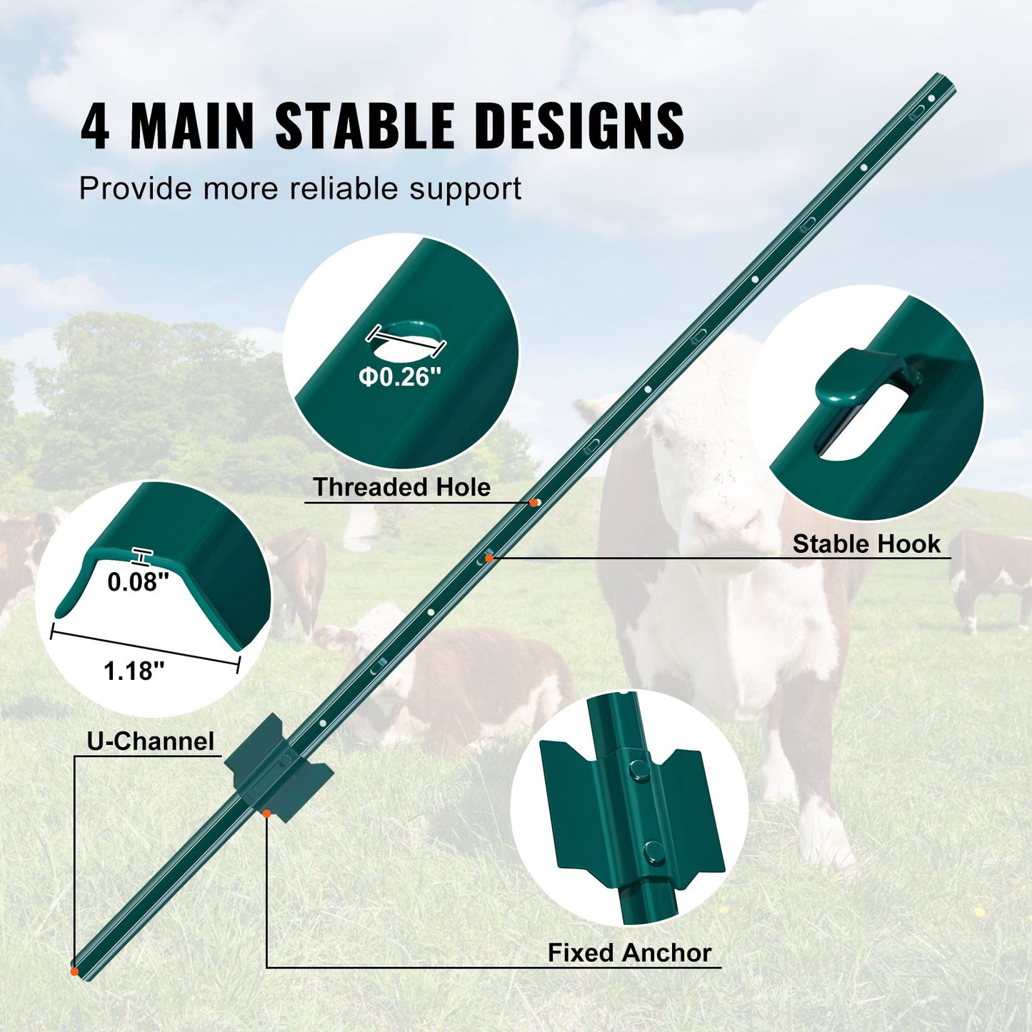 1,2 meter staketstolpe, 10-pack U-kanaliga kraftiga metallstaketstolpar, robusta stålstaketpinnar för trädgård, gräsmatta, gårdar och utomhustrådsstängsel, grön