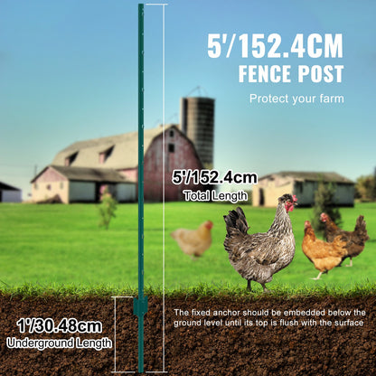 5 Feet Fence Post, 10 Pack U-Channel Heavy Duty Metal Fence Posts, Sturdy Steel Fence Stakes for Garden Yard, Lawn, Farms and Outdoor Wire Fencing, Green