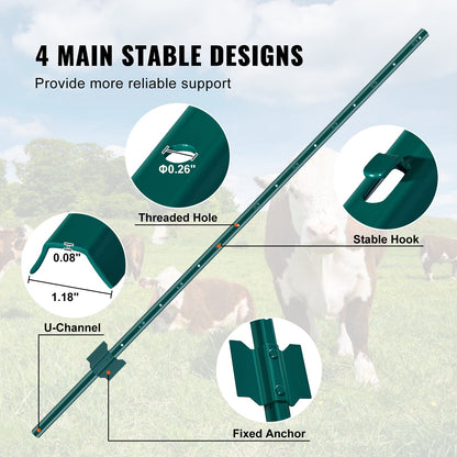 5 Feet Fence Post, 10 Pack U-Channel Heavy Duty Metal Fence Posts, Sturdy Steel Fence Stakes for Garden Yard, Lawn, Farms and Outdoor Wire Fencing, Green