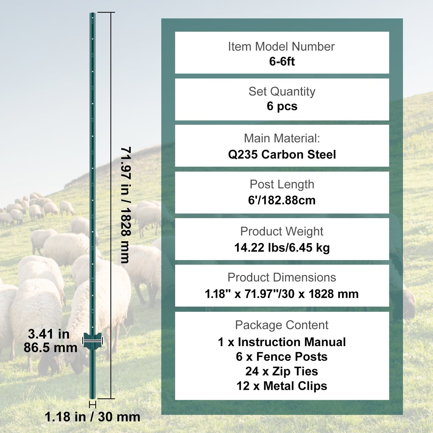 1,8 meter staketstolpe, 6-pack U-kanaliga kraftiga metallstaketstolpar, robusta stålstaketpinnar för trädgård, gräsmatta, gårdar och utomhustrådsstängsel, grön