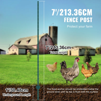 7 Feet Fence Post, 10 Pack U-Channel Heavy Duty Metal Fence Posts, Sturdy Steel Fence Stakes for Garden Yard, Lawn, Farms and Outdoor Wire Fencing, Green