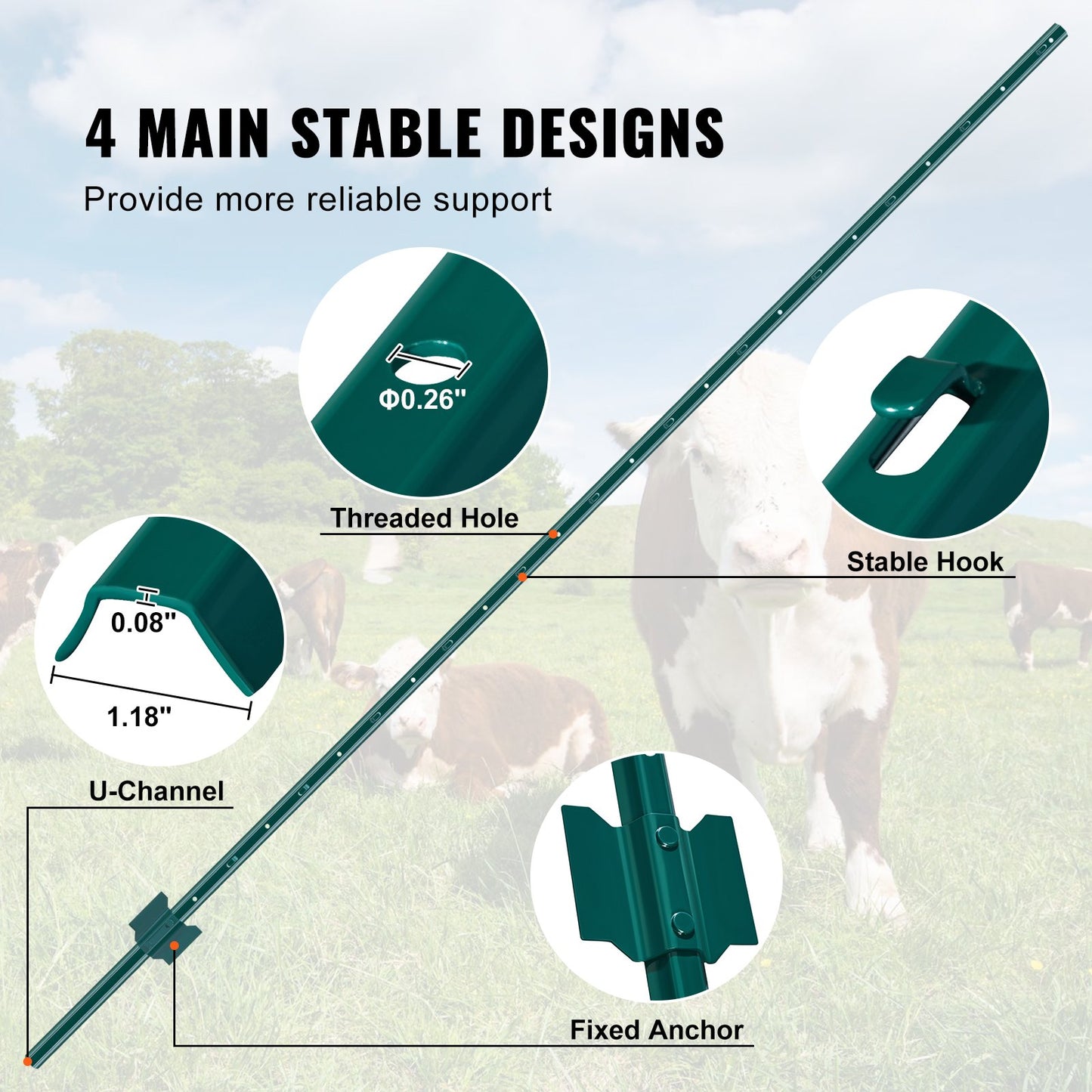 7 Feet Fence Post, 10 Pack U-Channel Heavy Duty Metal Fence Posts, Sturdy Steel Fence Stakes for Garden Yard, Lawn, Farms and Outdoor Wire Fencing, Green