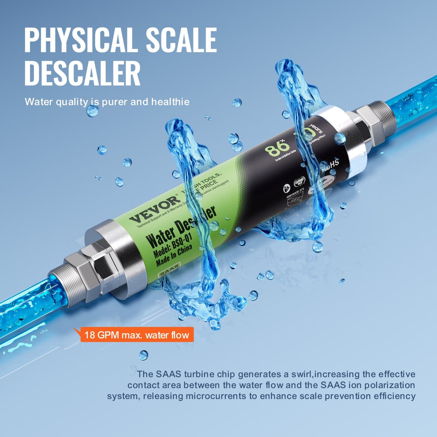 Whole House Salt Free Descaler, Physical Scale Descaler for City Water, 18 GPM Whole House Water Descaler for All Kinds of Plumbing Pipes, SAAS Alloy is Durable for Over 10 Years