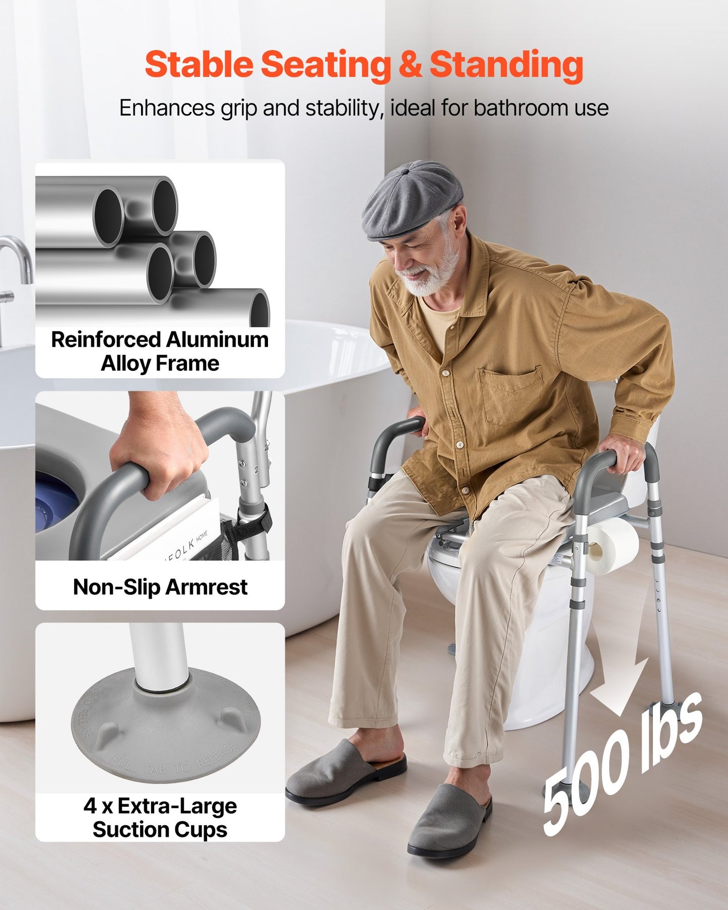 Bedside Commode Chair, 227 kg Capacity, 4-in-1 Portable Toilet and Raised Toilet Seat with Padded Seat & Armrest, Detachable 5L Bucket, Adjustable Height & Width Adult Potty Chair for Seniors