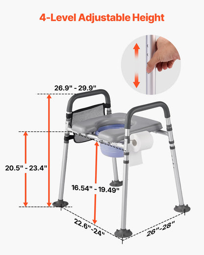Sängbordsstol, 227 kg kapacitet, 4-i-1 bärbar toalett och upphöjd toalettsits med stoppad sits och armstöd, avtagbar 5-liters hink, justerbar höjd- och breddstol för vuxna, för seniorer