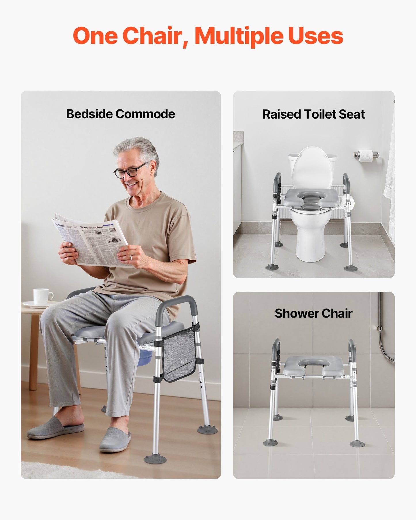 Bedside Commode Chair, 227 kg Capacity, 4-in-1 Portable Toilet and Raised Toilet Seat with Padded Seat & Armrest, Detachable 5L Bucket, Adjustable Height & Width Adult Potty Chair for Seniors