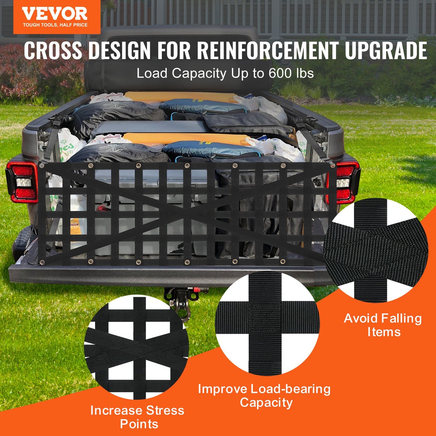 Tailgate Net, 54 in x 18 in, Heavy Duty Cargo Net for Truck Bed with 4 Adjustable Telescopic Straps, Cross-reinforced Design, Extendable & Durable, Suitable for Pickup, Truck, Trailer, Jeep, SUV