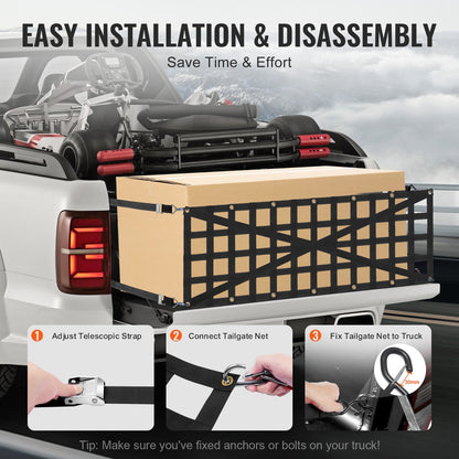 Tailgate Net, 54 in x 18 in, Heavy Duty Cargo Net for Truck Bed with 4 Adjustable Telescopic Straps, Cross-reinforced Design, Extendable & Durable, Suitable for Pickup, Truck, Trailer, Jeep, SUV