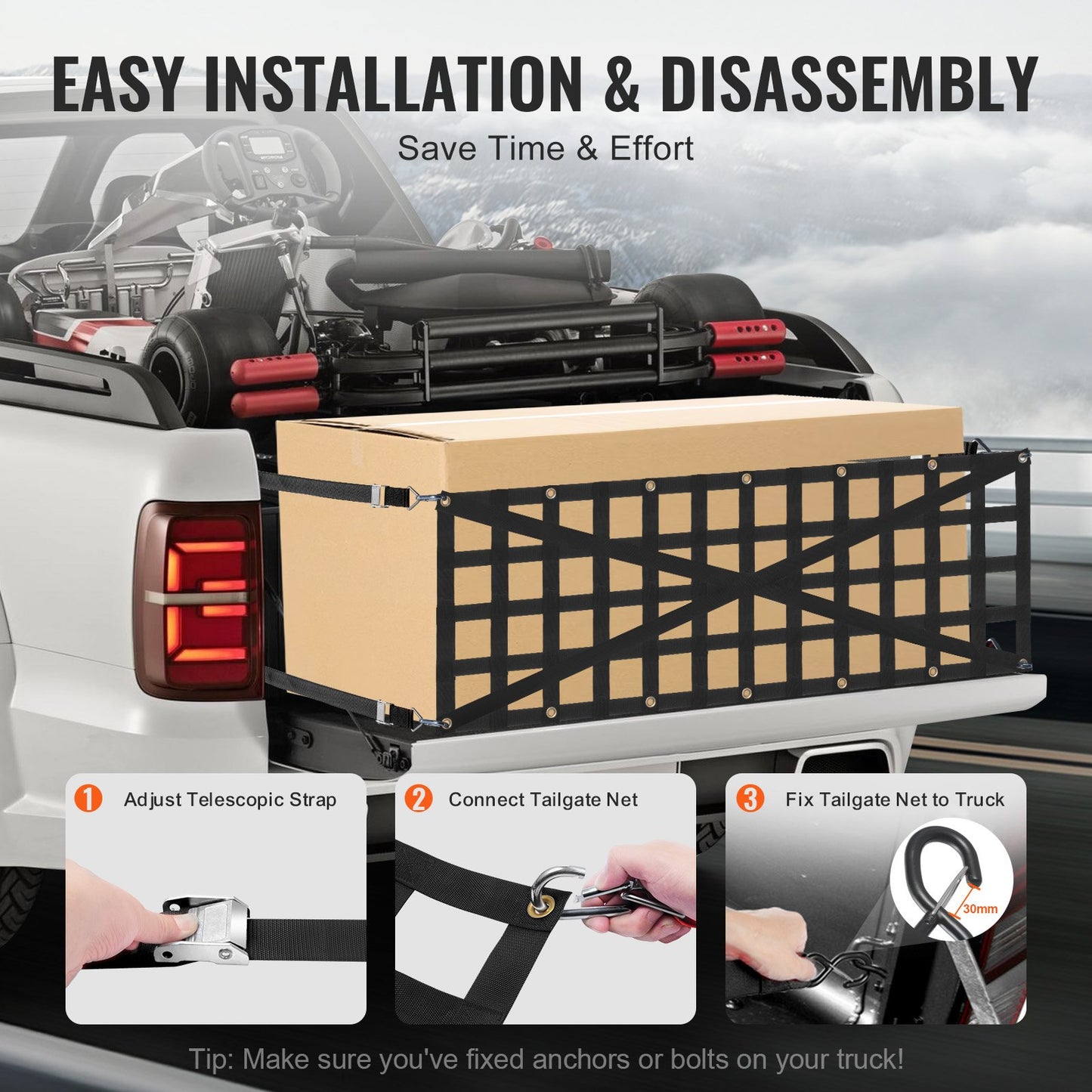 Tailgate Net, 54 in x 18 in, Heavy Duty Cargo Net for Truck Bed with 4 Adjustable Telescopic Straps, Cross-reinforced Design, Extendable & Durable, Suitable for Pickup, Truck, Trailer, Jeep, SUV