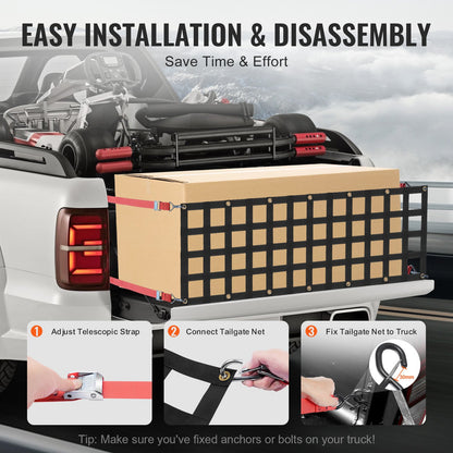 Tailgate Net, 54 in x 18 in, Heavy Duty Cargo Net for Truck Bed with 4 Adjustable Telescopic Straps, Extendable & Durable, Flexible Adjustment, Suitable for Pickup, Trailer, Truck, Jeep, SUV