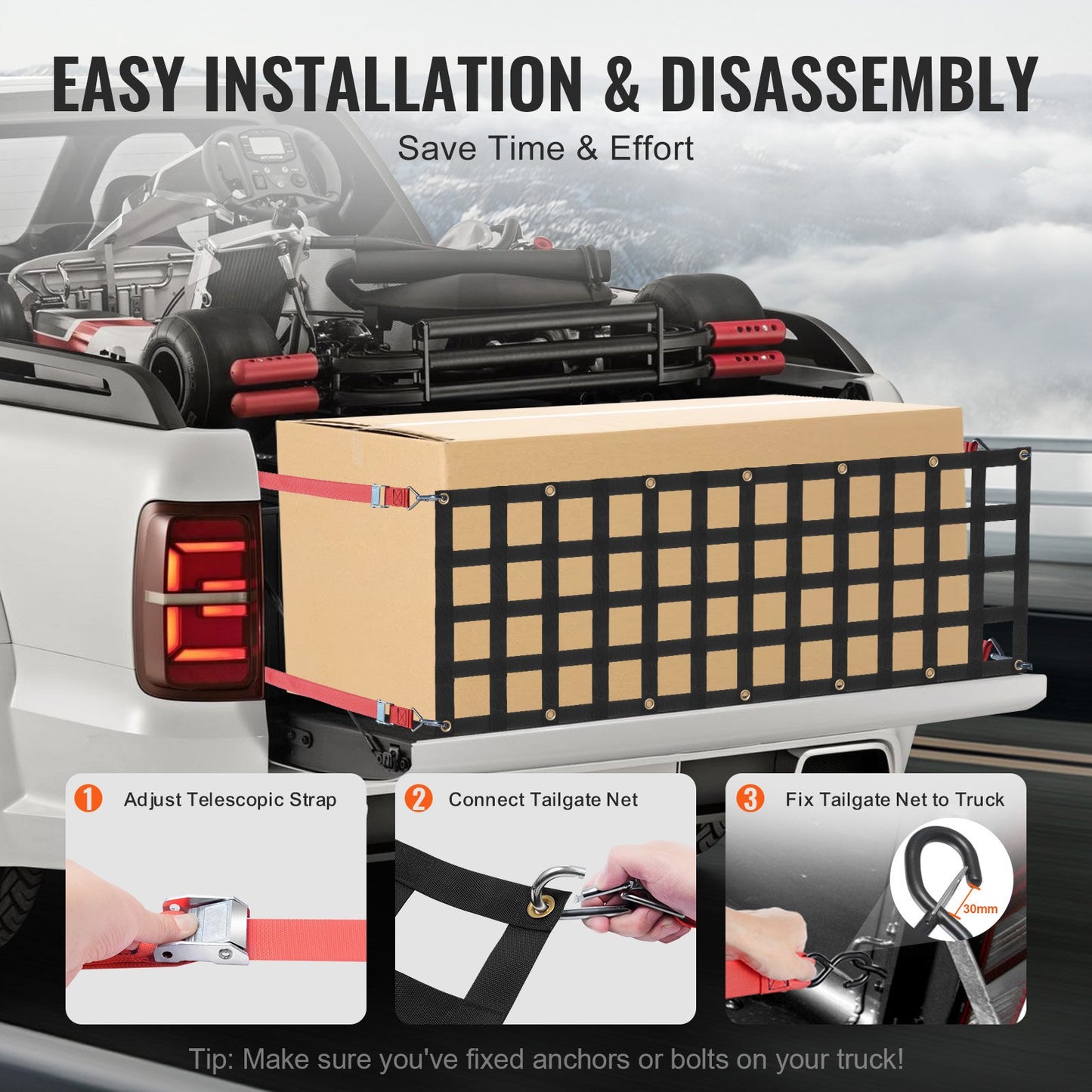 Tailgate Net, 54 in x 18 in, Heavy Duty Cargo Net for Truck Bed with 4 Adjustable Telescopic Straps, Extendable & Durable, Flexible Adjustment, Suitable for Pickup, Trailer, Truck, Jeep, SUV