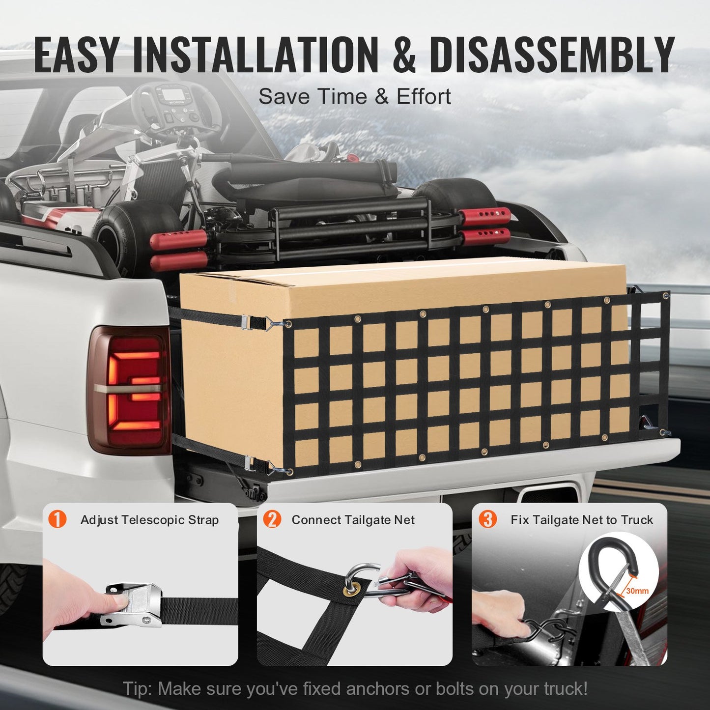 Tailgate Net, 60 in x 18 in, Heavy Duty Cargo Net for Truck Bed with 4 Adjustable Telescopic Straps, Extendable & Durable, Flexible Adjustment, Suitable for Pickup, Trailer, Truck, Jeep, SUV