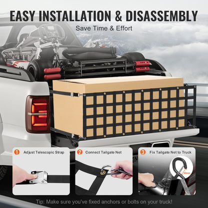 Tailgate Net, 60 in x 18 in, Heavy Duty Cargo Net for Truck Bed with 4 Adjustable Telescopic Straps, Extendable & Durable, Flexible Adjustment, Suitable for Pickup, Trailer, Truck, Jeep, SUV