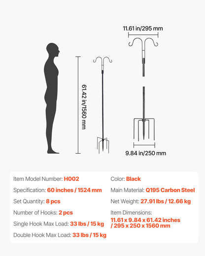 Double Shepherds Hooks for Outdoor, 8 Pack 1560 mm Heavy Duty Bird Feeder Pole, 19 mm Thick Garden Hooks for Hanging Hummingbird Feeder, Plant Baskets, Solar Light Lanterns,Wind Chimes