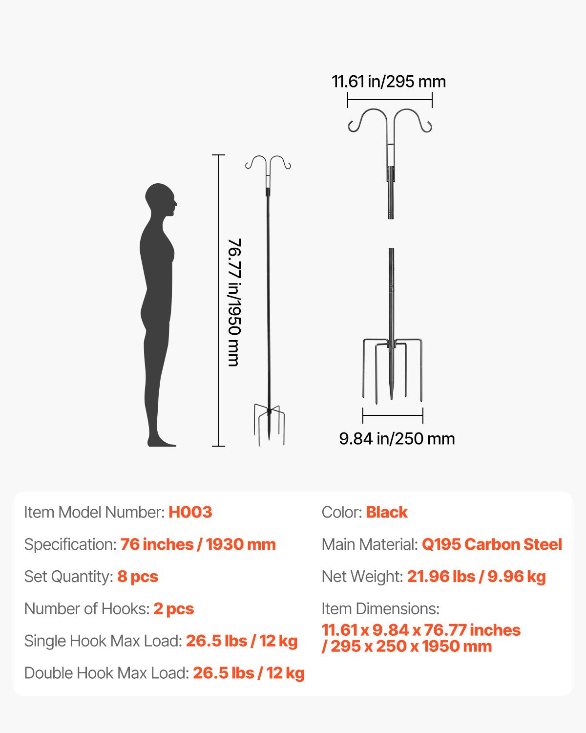 Double Shepherds Hooks for Outdoor, 8 Pack 1950 mm Heavy Duty Bird Feeder Pole, 19 mm Thick Garden Hooks for Hanging Hummingbird Feeder, Plant Baskets, Solar Light Lanterns,Wind Chimes