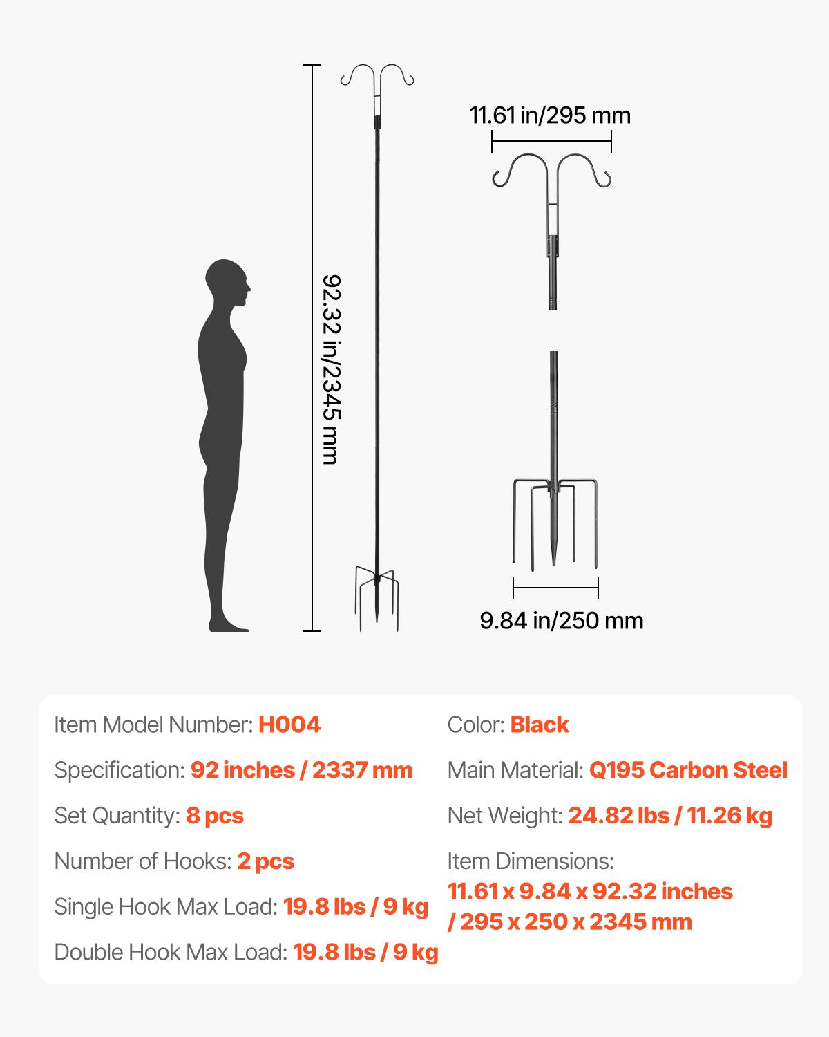 Double Shepherds Hooks for Outdoor, 8 Pack 2345 mm Heavy Duty Bird Feeder Pole, 19 mm Thick Garden Hooks for Hanging Hummingbird Feeder, Plant Baskets, Solar Light Lanterns,Wind Chimes