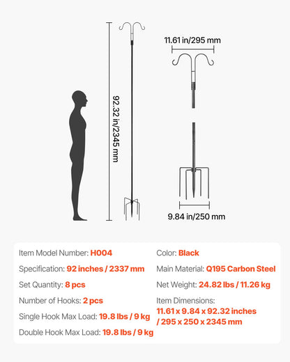 Dubbla Shepherds-krokar för utomhusbruk, 8-pack 2345 mm kraftig fågelmatarstång, 19 mm tjocka trädgårdskrokar för att hänga upp kolibrimatare, växtkorgar, solcellslyktor, vindspel