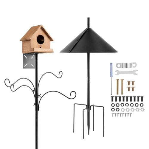 4-Hook Wild Bird Feeder Stand Pole, 2370 mm Bird Feeding Station Kit, 25 mm Diameter Bird House Hanging Hooks with Squirrel Guard Baffle, Heavy Duty Multi-Feeder Stand Easy to Install