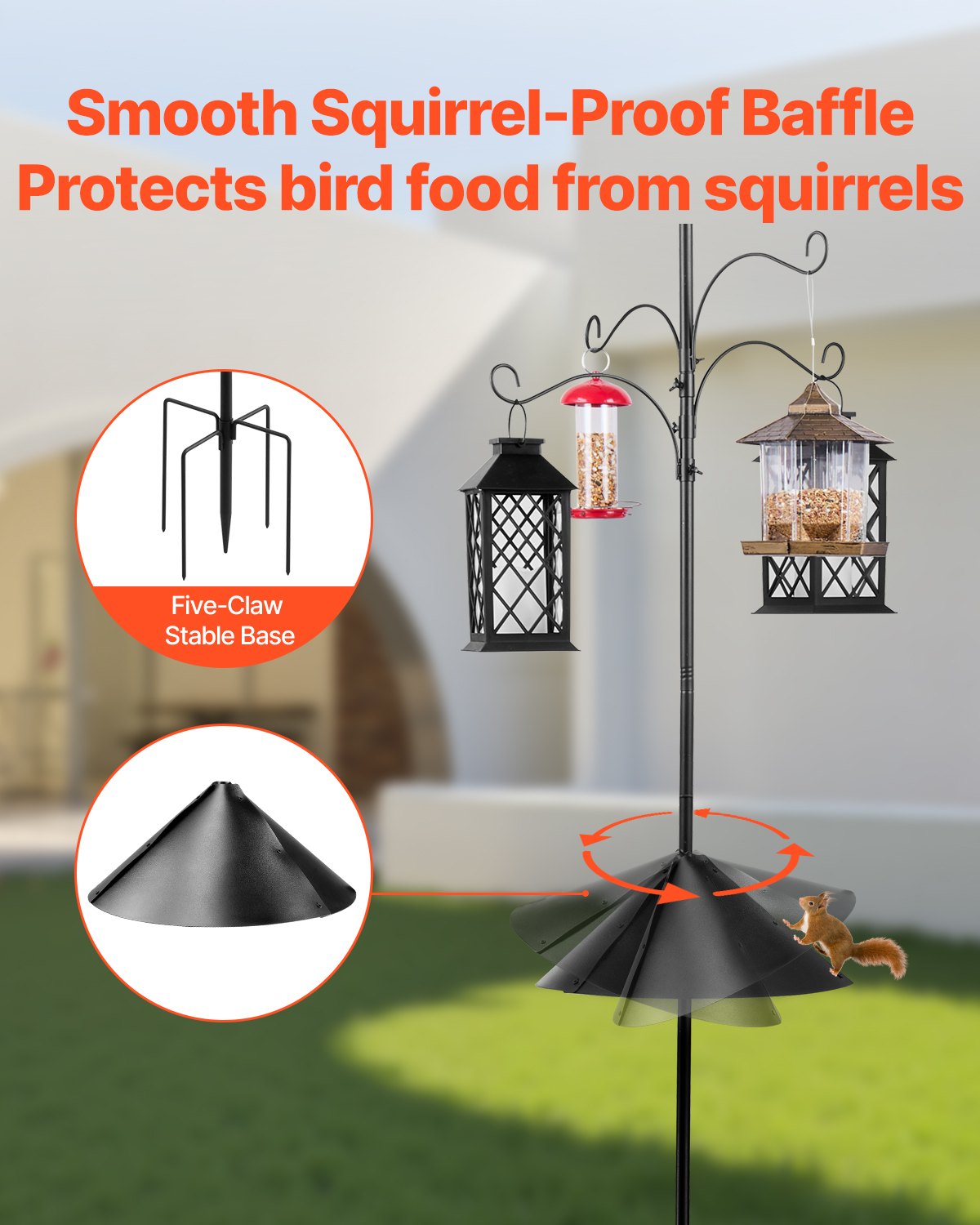 4-Hook Wild Bird Feeder Stand Pole, 2370 mm Bird Feeding Station Kit, 25 mm Diameter Bird House Hanging Hooks with Squirrel Guard Baffle, Heavy Duty Multi-Feeder Stand Easy to Install