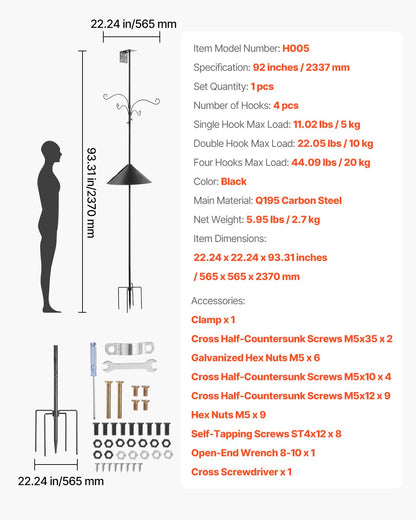 4-Hook Wild Bird Feeder Stand Pole, 2370 mm Bird Feeding Station Kit, 25 mm Diameter Bird House Hanging Hooks with Squirrel Guard Baffle, Heavy Duty Multi-Feeder Stand Easy to Install