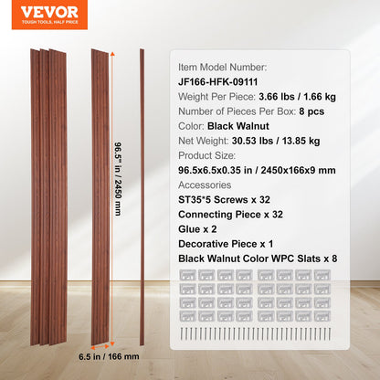 Wood Slat Acoustic Panels, 8 PCS 96 x 6 inch, WPC Accent Wooden Wall Panels for Modern Interior Wall, Faux Wood Wall Board Panels for Stylish Decor and Noise Reduction, Black Walnut