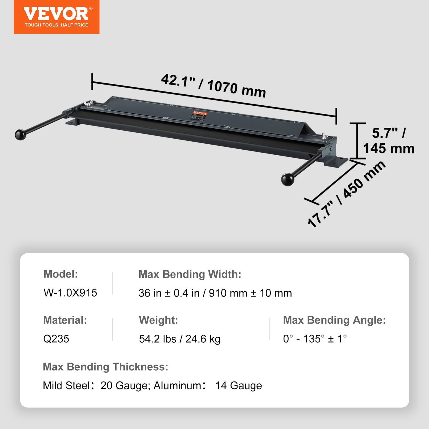 Låd- och panbroms, 910 ± 10 mm, 0-130 graders plåtbockningsbroms, bärbar minimetallbockare med 20 gauge lågkolstål 14 gauge aluminiumkapacitet krafthandtag, för metallbockning