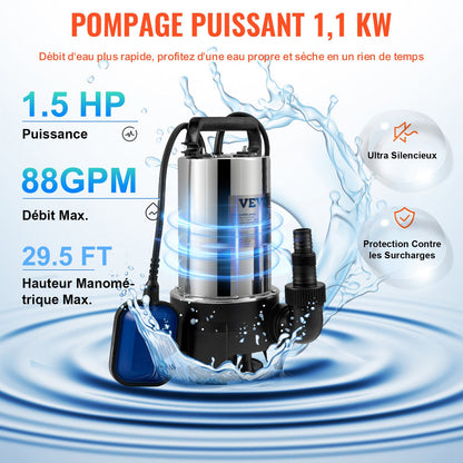 Submersible Water Pump, 1100W 20000L/H, with 10 m Cord and Automatic Tethered Float Switch, Portable Stainless Steel for Dirty or Clean, Drain Floods, Empty Garden Ponds, Swimming Pools, Hot Tub